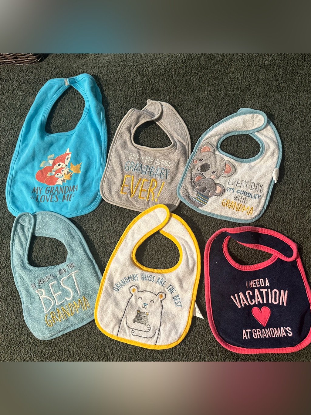 Grandma-Themed Baby Bib Set - Blue, Gray, Cream, Yellow, Pink, Navy